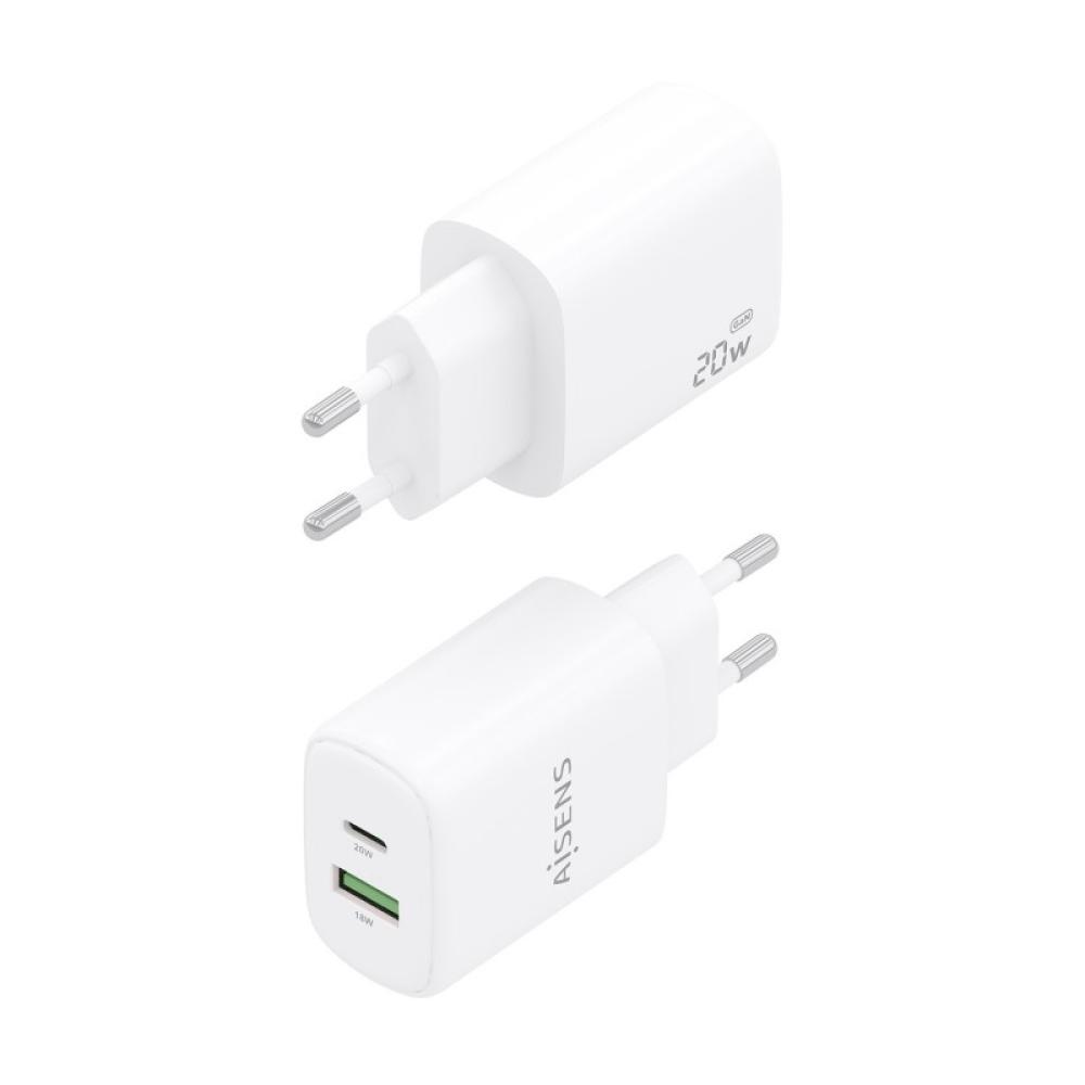 AISENS - Cargador GaN 20W, 1xUSB-C PD3.0, 1xUSB-A QC3.0, Blanco