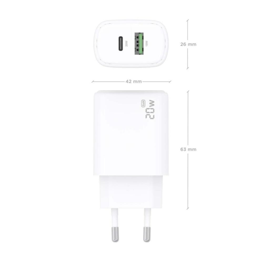 AISENS - Cargador GaN 20W, 1xUSB-C PD3.0, 1xUSB-A QC3.0, Blanco