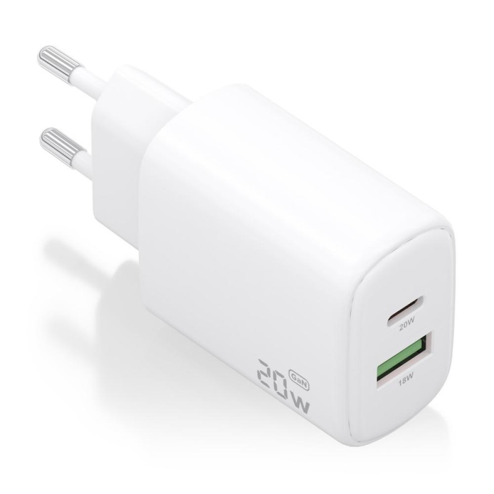 AISENS - Cargador GaN 20W, 1xUSB-C PD3.0, 1xUSB-A QC3.0, Blanco