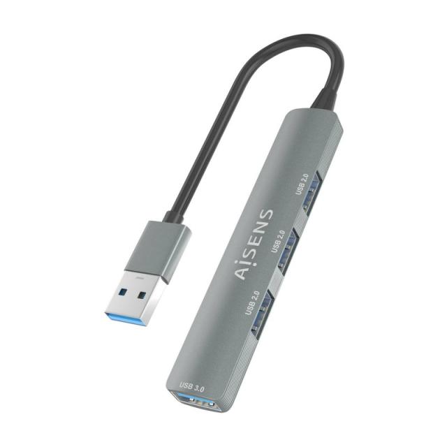 AISENS - HUB USB 3.0 Aluminio, 1xUSB3.0 A/H+3xUSB2.0 A/H, Gris, 10cm