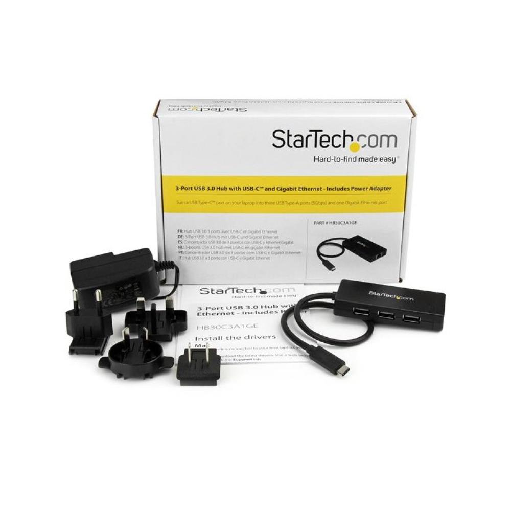 StarTech.com - Concentrador USB 3.0 de 3 Puertos con USB-C y Ethernet Gigabit - 5Gbps - Con Adaptador de Alimentación