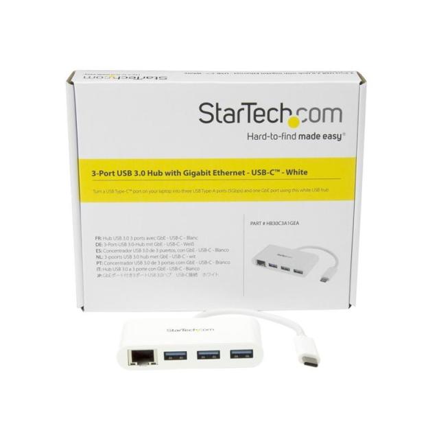 StarTech.com - Concentrador USB 3.0 (5Gbps) de 3 Puertos con USB-C y Ethernet Gigabit - Hub Ladrón de USB Convencional - Blanco