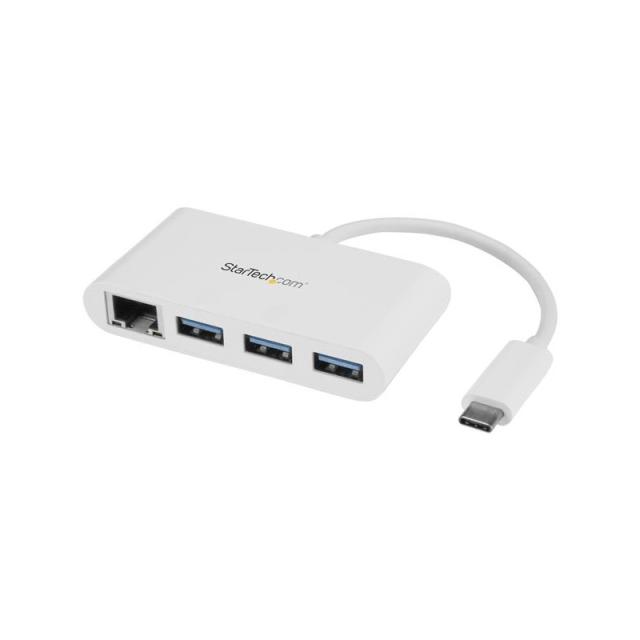 StarTech.com - Concentrador USB 3.0 (5Gbps) de 3 Puertos con USB-C y Ethernet Gigabit - Hub Ladrón de USB Convencional - Blanco