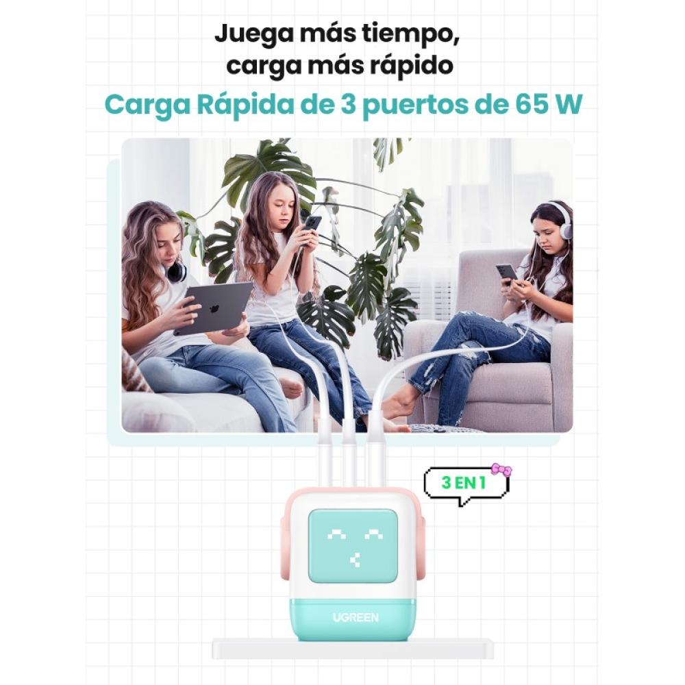 Ugreen - Uno RG 65W 3-Port GaN Fast Charger pink blue Ordenador portátil, Teléfono móvil, Portátil, Tableta, Teléfono Azul Corri