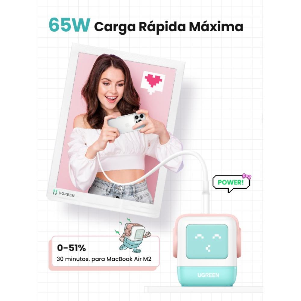 Ugreen - Uno RG 65W 3-Port GaN Fast Charger pink blue Ordenador portátil, Teléfono móvil, Portátil, Tableta, Teléfono Azul Corri