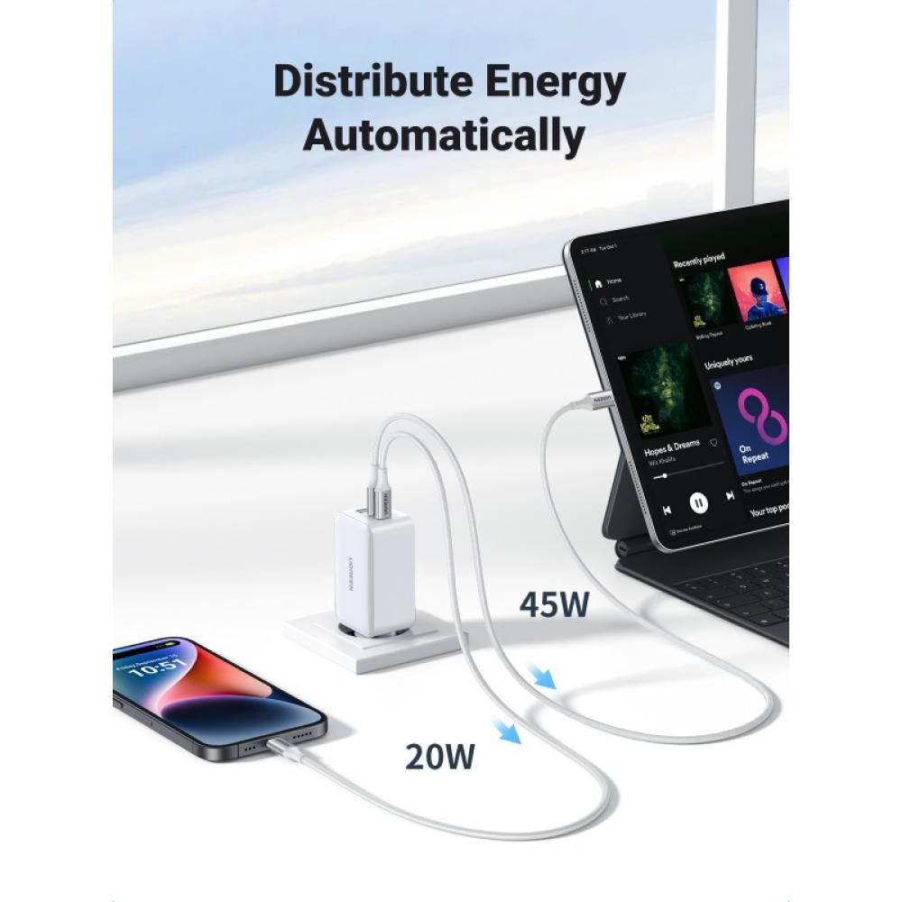 Ugreen - Nexode USB-A+2*USB-C 65W GaN Tech Fast Charger White Lector de libros electrónicos, Auriculares, Auriculares, Teléfono