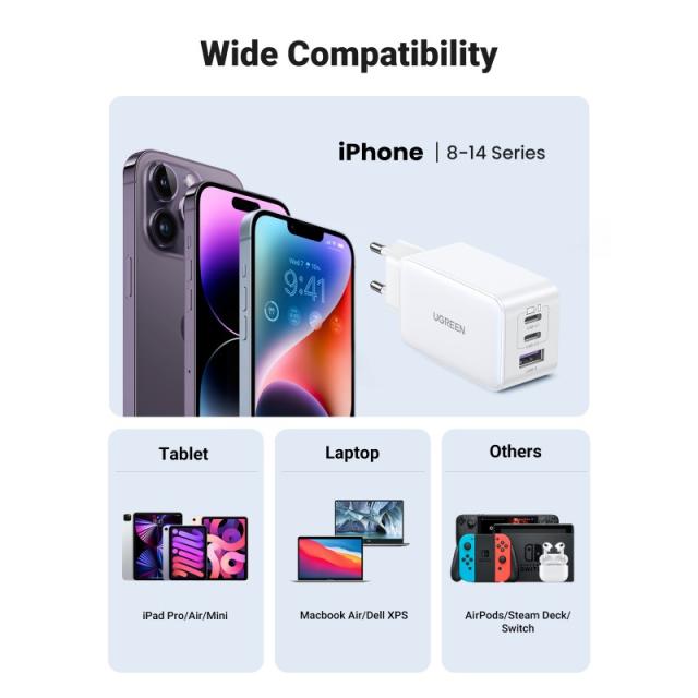 Ugreen - Nexode USB-A+2*USB-C 65W GaN Tech Fast Charger White Lector de libros electrónicos, Auriculares, Auriculares, Teléfono
