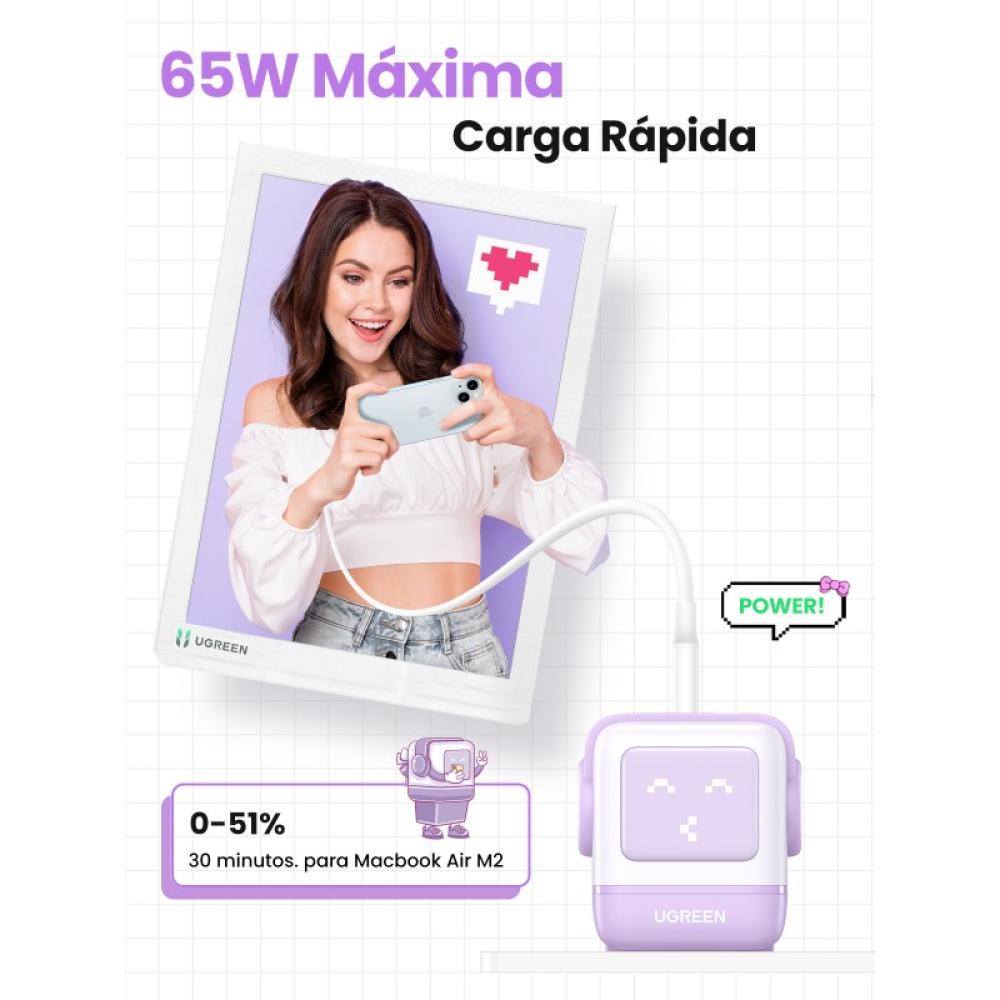 Ugreen - Nexode RG 65W 3-Port GaN Ordenador portátil, Teléfono móvil, Ratón, Portátil, Batería portátil, Teléfono Rosa Corriente