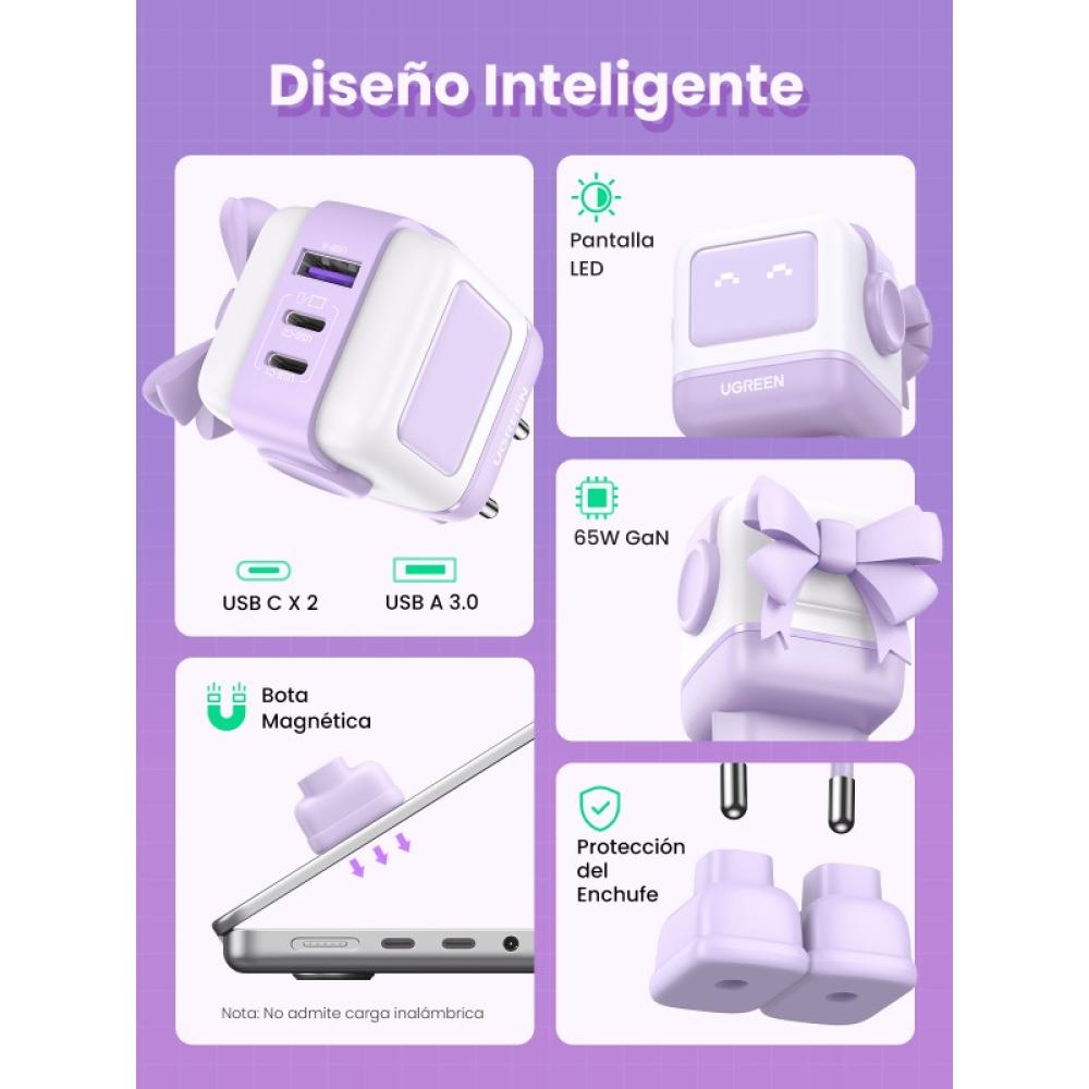 Ugreen - Nexode RG 65W 3-Port GaN Ordenador portátil, Teléfono móvil, Ratón, Portátil, Batería portátil, Teléfono Rosa Corriente