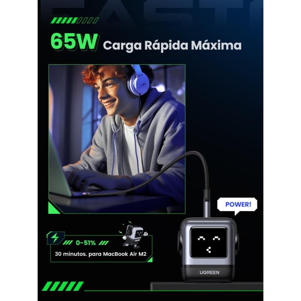 Ugreen - Nexode RG 65W 3-Port GaN Ordenador portátil, Teléfono móvil, Portátil, Batería portátil, Teléfono Gris Corriente altern