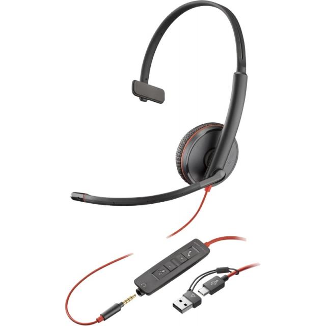 HP Poly - Auriculares monoaurales Poly Blackwire 3215 USB-C + Conector de 3,5 mm + Adaptador USB-C/A