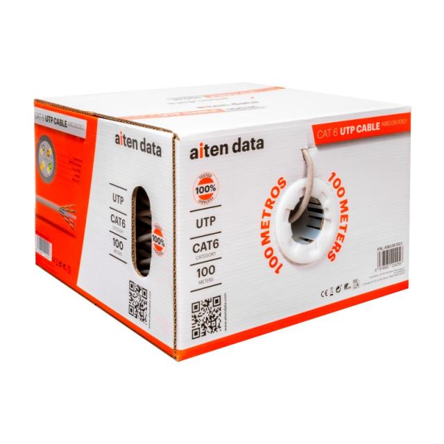 aiten data - Bobina Cable de Red 100 m, UTP CAT6, Polietileno de Alta Densidad (Solid HDPE) y LSZH – Cuatro Cables Trenzados y s