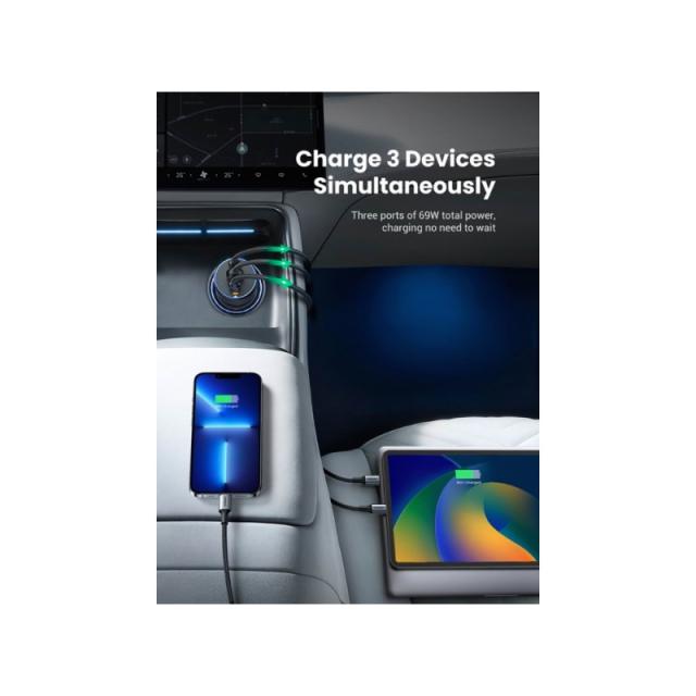 Ugreen - 75W 3-Port Fast Car Charg gray Ordenador portátil, Teléfono móvil, Reloj inteligente, Tableta, Teléfono Gris Encendedor