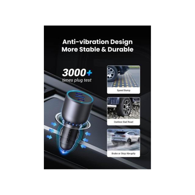 Ugreen - 75W 3-Port Fast Car Charg gray Ordenador portátil, Teléfono móvil, Reloj inteligente, Tableta, Teléfono Gris Encendedor