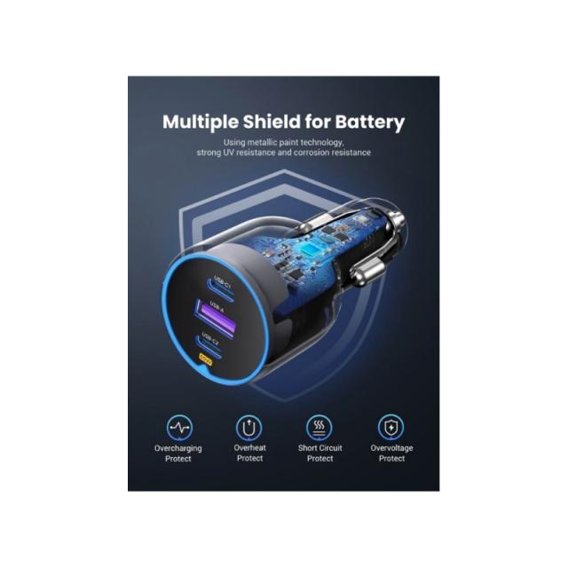 Ugreen - 75W 3-Port Fast Car Charg gray Ordenador portátil, Teléfono móvil, Reloj inteligente, Tableta, Teléfono Gris Encendedor