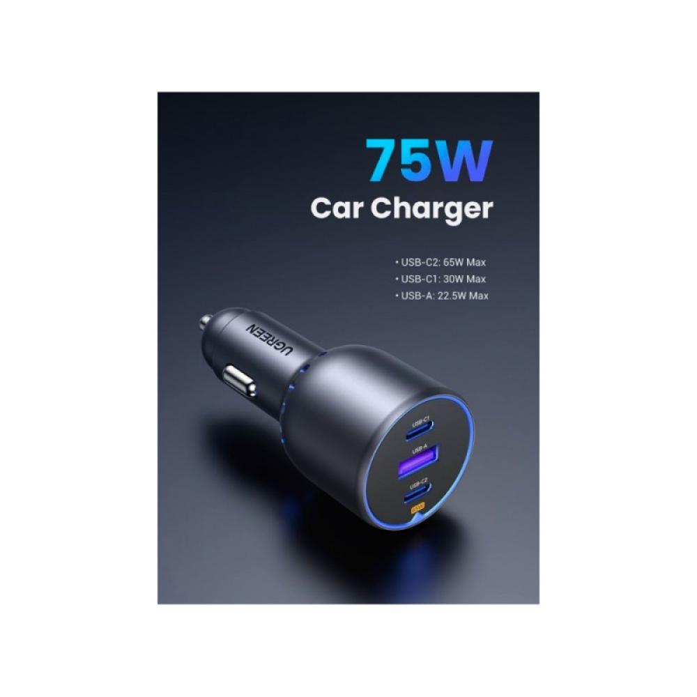 Ugreen - 75W 3-Port Fast Car Charg gray Ordenador portátil, Teléfono móvil, Reloj inteligente, Tableta, Teléfono Gris Encendedor