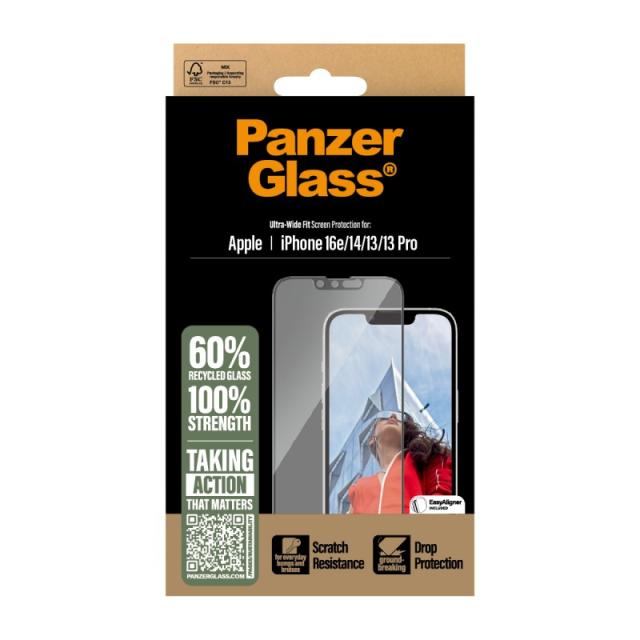PanzerGlass - Screen Protector iPhone 16e / 14 / 13 / 13 Pro / Ultra-Wide Fit w. EasyAligner Protector de pantalla Apple 1 pieza