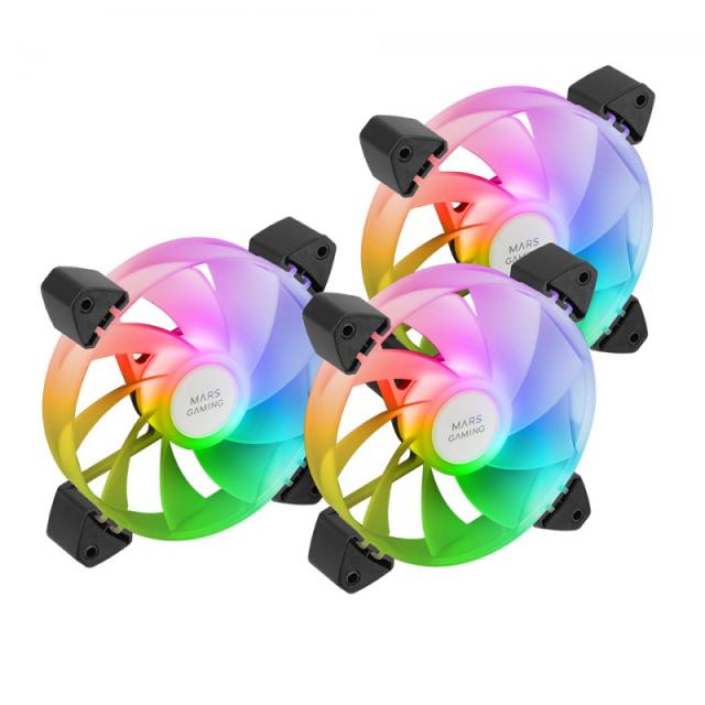 Mars Gaming - MF-3AR, Kit 3x Ventiladores 120mm FDB, Aspas Invertidas, Iluminación ARGB 360° Sin Marco, Iluminación Anil - MF3AR