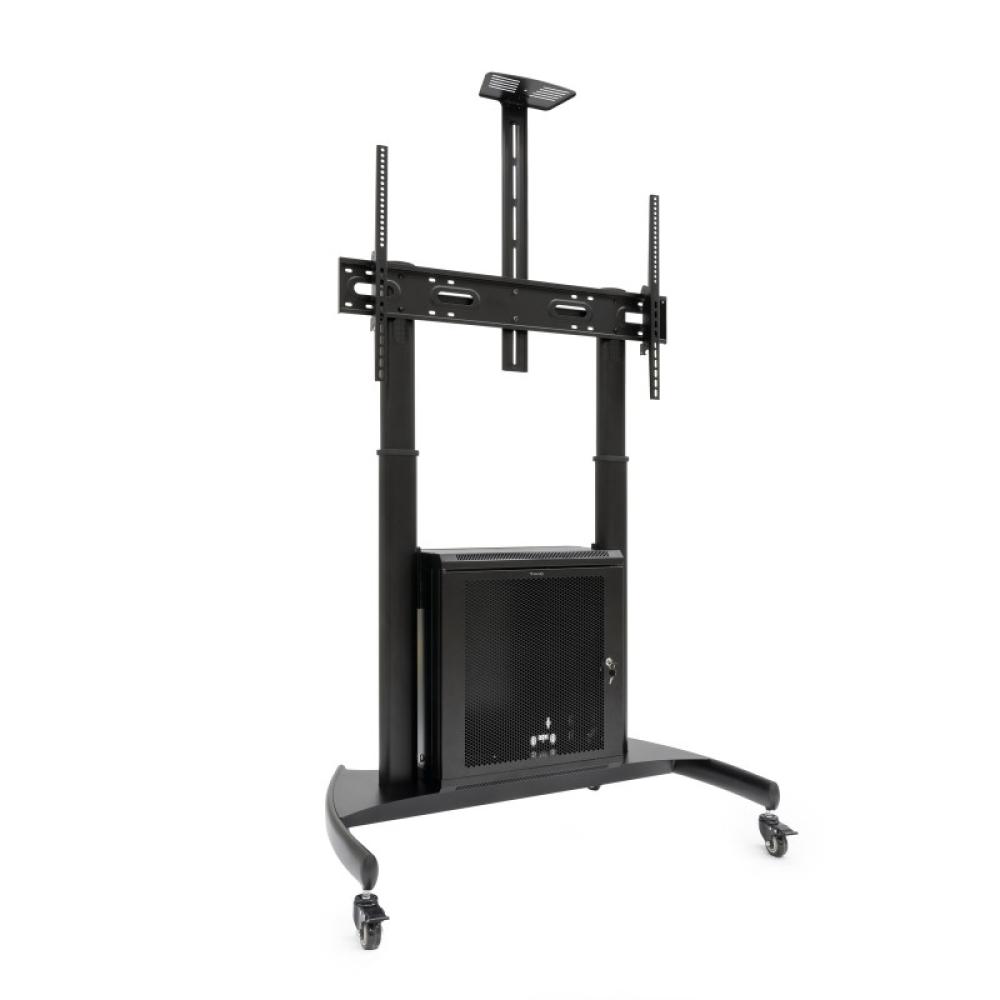 TooQ - NARNIA” Soporte de Suelo con Armario Multiusos + Accesorios Rack para Pantallas 60"- 100", Negro