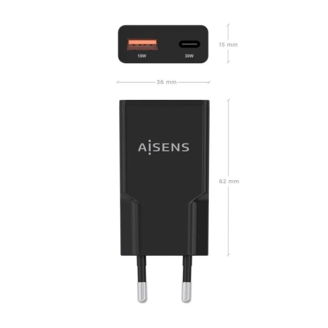 AISENS - ASCH-30W2P047-BK cargador de dispositivo móvil Cámara digital, MP3, MP4, Teléfono móvil, Navegante, Portátil, Consola d