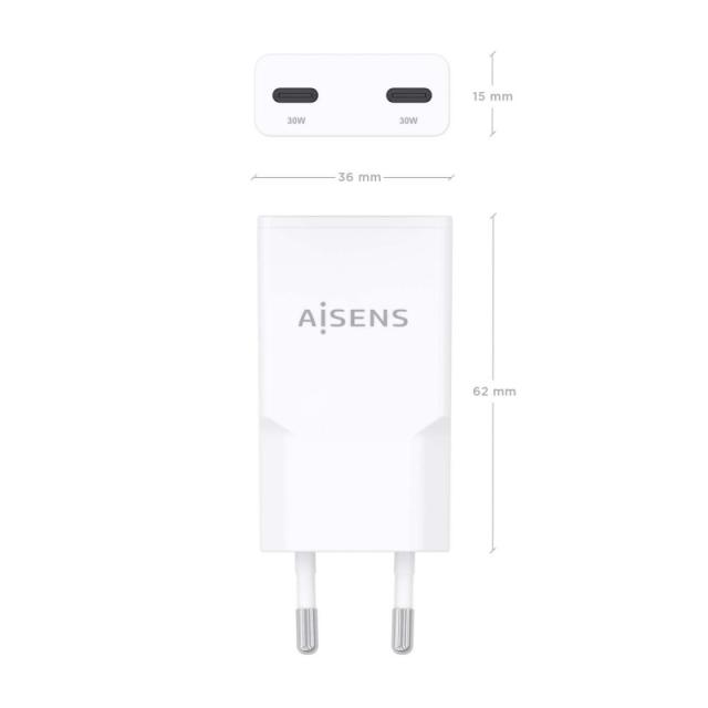 AISENS - ASCH-30W2P048-W cargador de dispositivo móvil Cámara digital, MP3, MP4, Teléfono móvil, Navegante, Portátil, Consola de