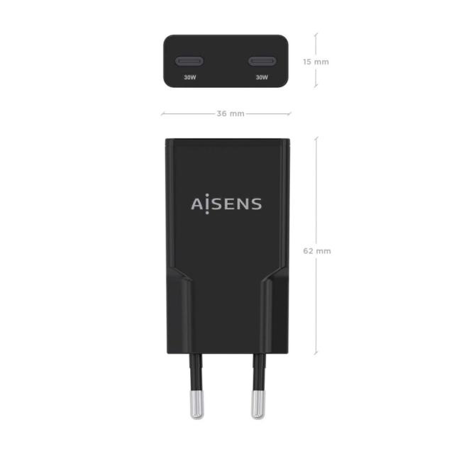 AISENS - ASCH-30W2P049-BK cargador de dispositivo móvil Cámara digital, MP3, MP4, Teléfono móvil, Navegante, Portátil, Consola d