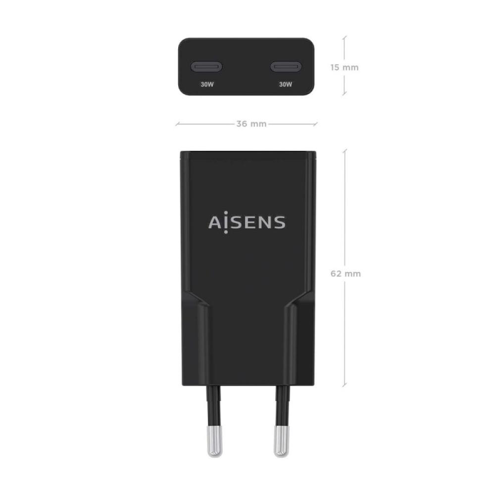 AISENS - ASCH-30W2P049-BK cargador de dispositivo móvil Cámara digital, MP3, MP4, Teléfono móvil, Navegante, Portátil, Consola d